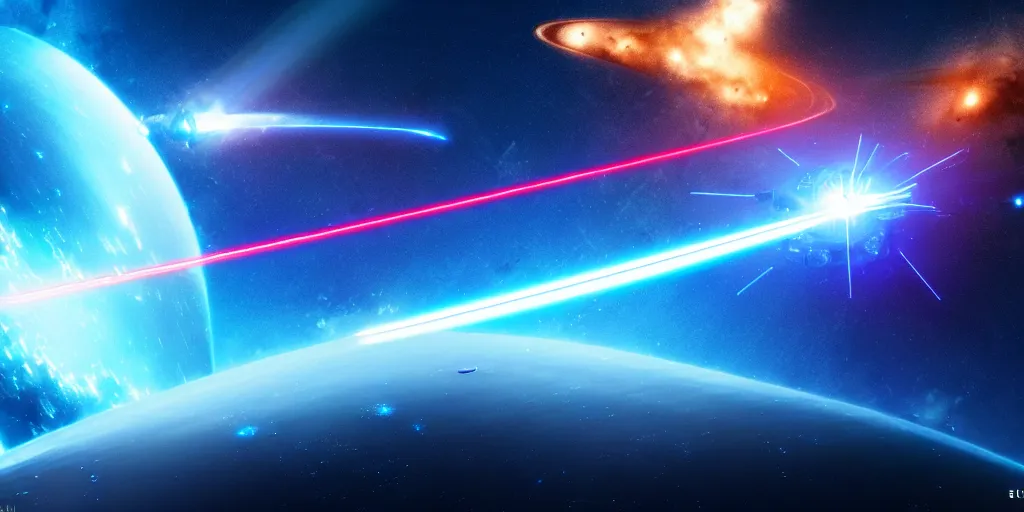 Image similar to A hi-tech chrome-plated curve-shaped long combat spaceship with blue laser weapons flying to the Earth through a blue space nebula, realistic 4k octane beautifully detailed render, 4k post-processing, highly detailed, intricate complexity, epic composition, magical atmosphere, cinematic lighting, masterpiece, ultra hd