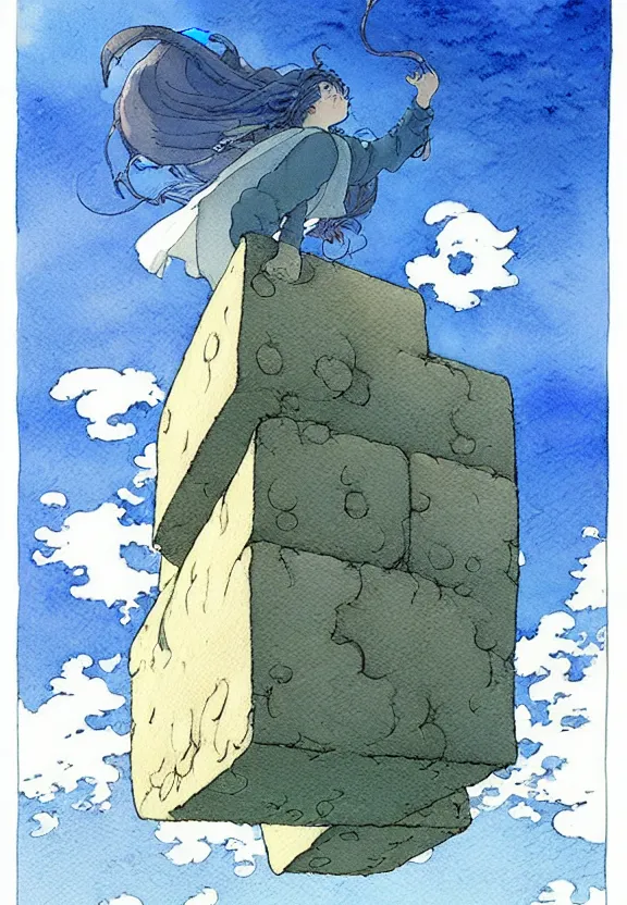 Image similar to a simple watercolor fantasy concept art of a giant grey cube floating in the air. by studio ghibli, rebecca guay, michael kaluta, charles vess