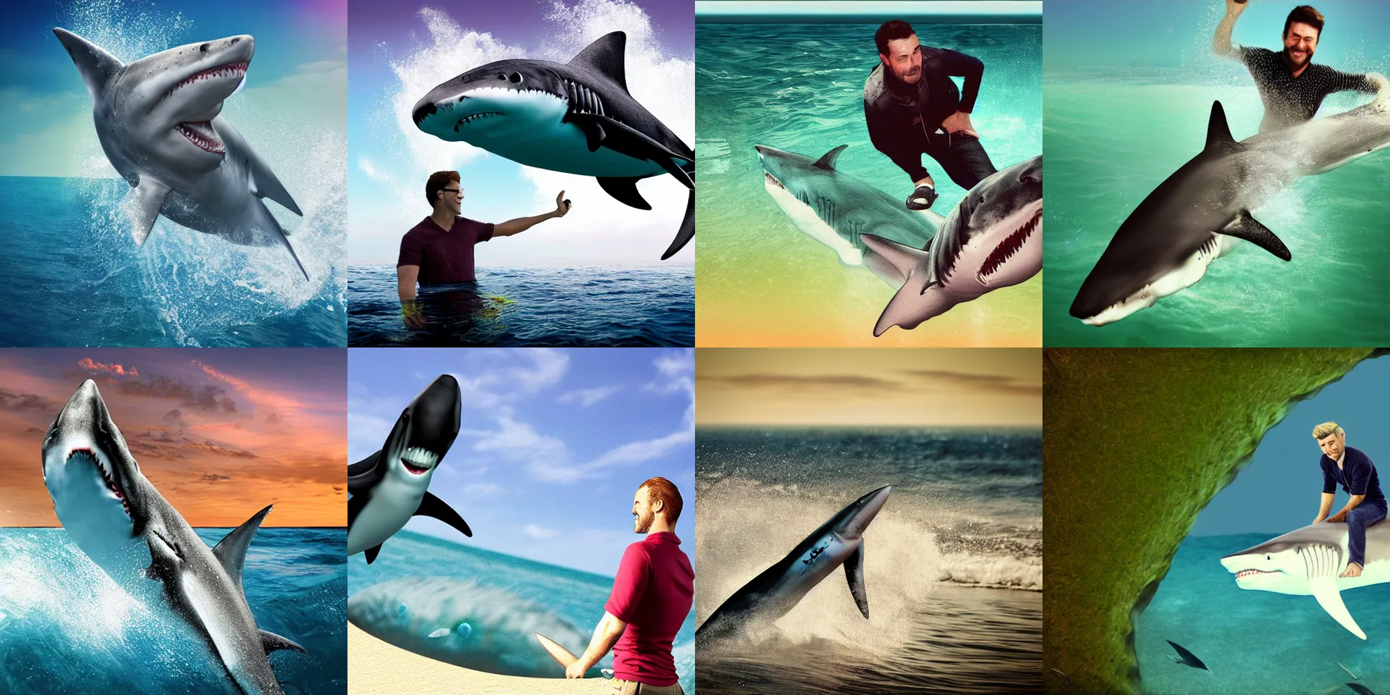 Prompt: Man riding a shark photorealistic photo