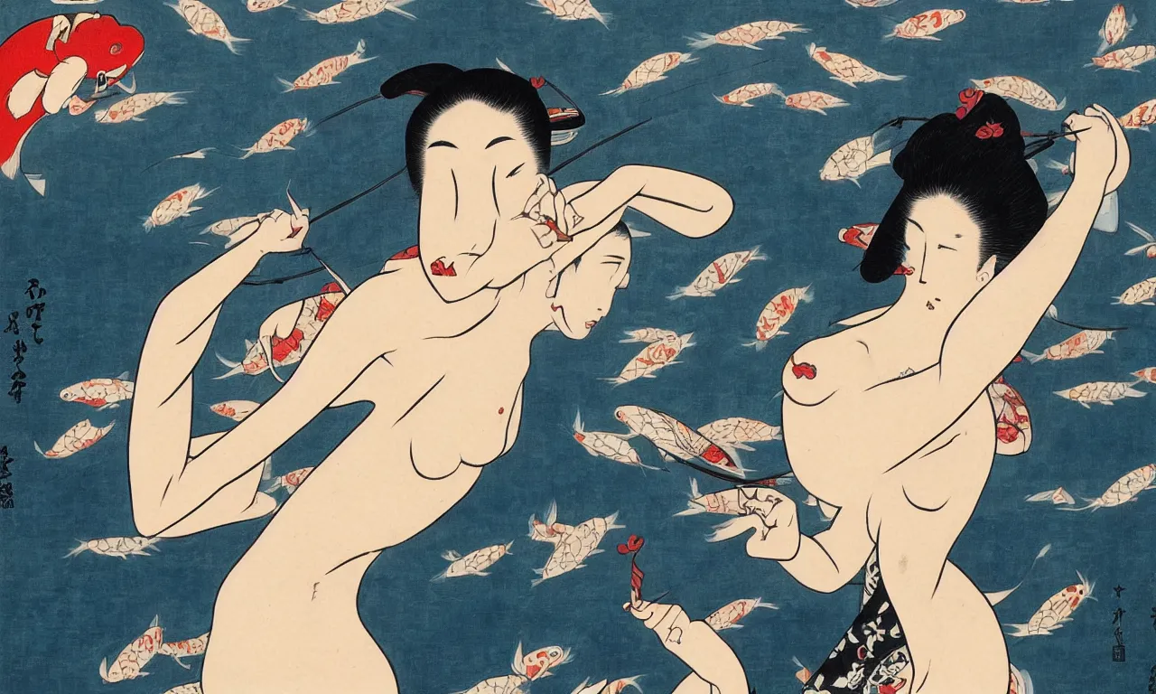 Image similar to a feminine beauty with a dark secret, koi fish, very detailed artstation painting by Ukiyo-e