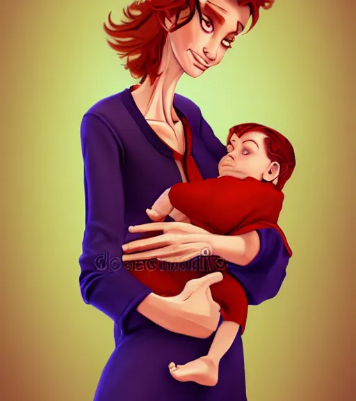 Prompt: tall and skinny a grandmother who is a nurse with her dirty blonde hair tied up holding her infant grandson with very auburn hair hair full color digital illustration in the style of don bluth, artgerm, artstation trending, 4 k