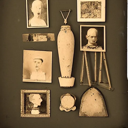 Image similar to Tintype photograph of objects displayed in an ethnographic museum, primitive display, anthropology of wonder, in the style of Marcel Duchamp, found objects, ready-made, 1920s studio lighting.