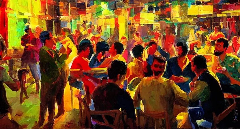 Image similar to people drinking and having fun, artwork by salman toor, cinematic light, atmospheric effects