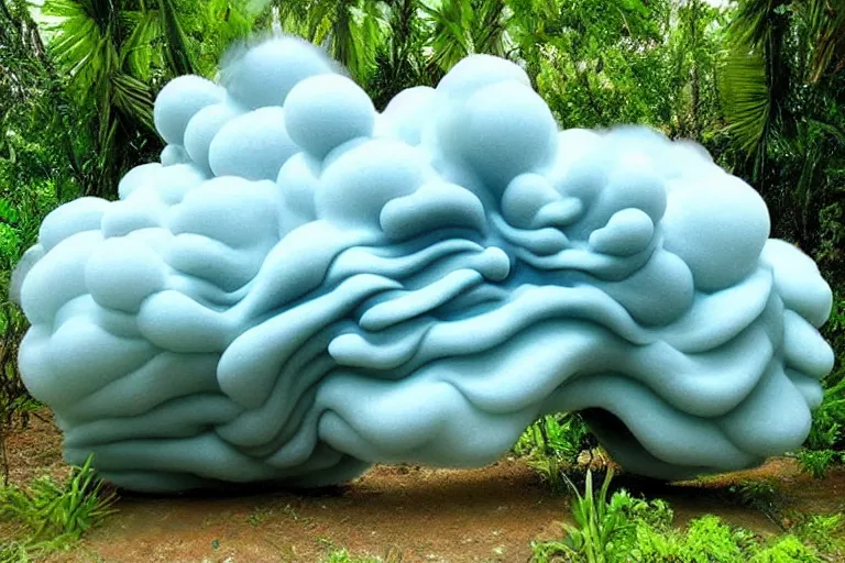 Prompt: a huge flock of many smooth puffy marvelous cloud sculptures and whirling ultra detailed gemstone crystal sculptures, art nouveau jungle environment, playful, award winning art, epic dreamlike fantasy landscape, ultra realistic,