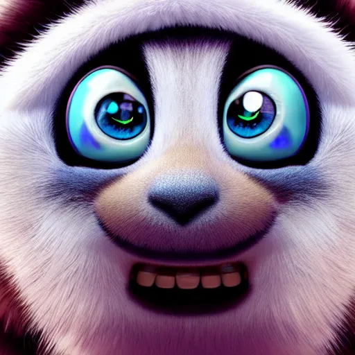 Image similar to close up portrait of a cute fluffy alien with huge reflective eyes :: fur, lots of fur, fluffy, adorable, cel shading, toon shading, disney, pixar, dreamworks, disney animation style, pixar animation style, dreamworks animation style, muted colors, dull colors, pastel colors, lots of colors, colorful