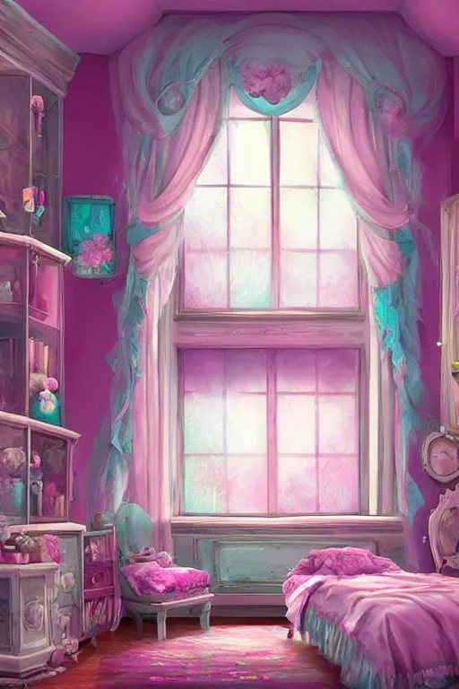 Image similar to matte sharp painting shabby chic room with windows mark rydel, artgerm, lisa frank, artstation behance storybook