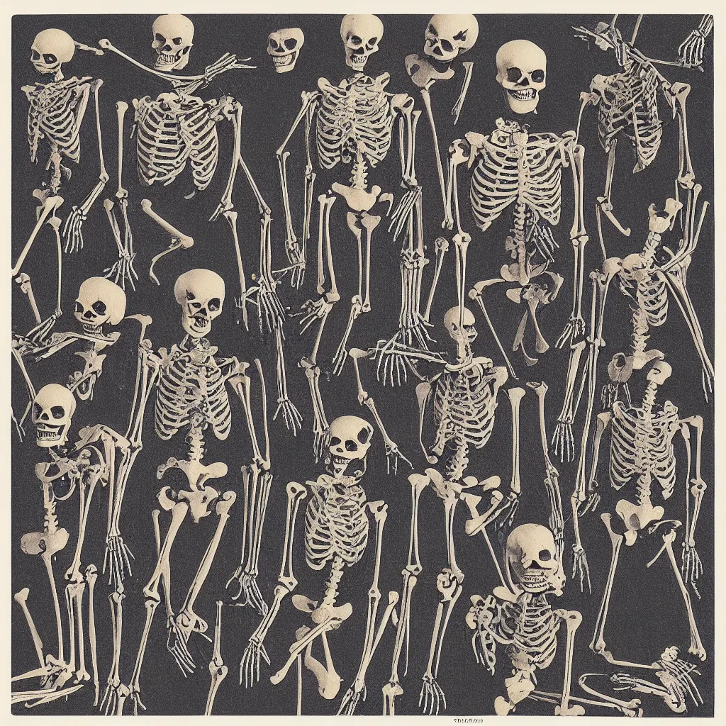 Prompt: vintage risograph of cartoon skeleton