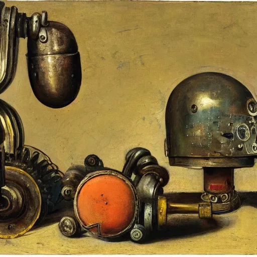 Image similar to A still life of a rusty robot, Pieter Claesz, William James Glackens, (chains), ((gears)), helmet, Iron man