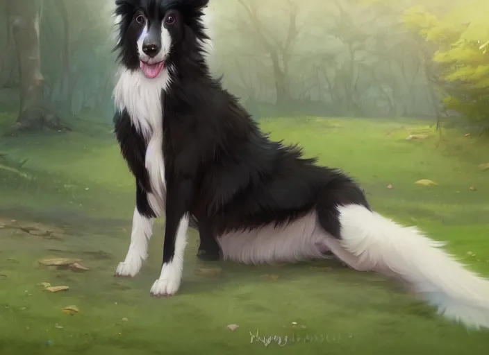 Prompt: wide angle beautiful full body portrait of a cute male anthropomorphic anthro border collie fursona in a park, character design by charlie bowater, henry asencio, and ross tran, disney, scenic background, detailed, glamor pose, aesthetic, trending on artstation, furaffinity, deviantart