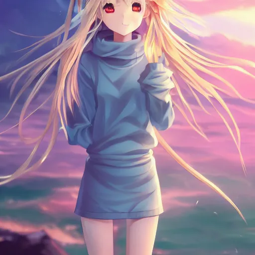 Prompt: a very beautiful anime girl, full body, long wavy blond hair, sky blue eyes, full round face, short smile, oversized hoodie, miniskirt, flower in hair, summer lake setting, cinematic lightning, medium shot, mid-shot, highly detailed, trending on Artstation, Unreal Engine 4k, cinematic wallpaper by Stanley Artgerm Lau, WLOP, Rossdraws, James Jean, Andrei Riabovitchev, Marc Simonetti, and Sakimichan