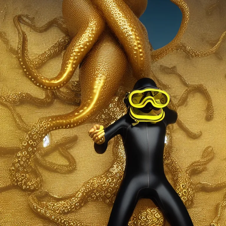 Prompt: octane render portrait by wayne barlow and carlo crivelli and glenn fabry, subject is a diver in a wet suit with goggles completely covered in giant long shiny reflective golden octopus tentacles, cinema 4 d, ray traced lighting, very short depth of field, bokeh