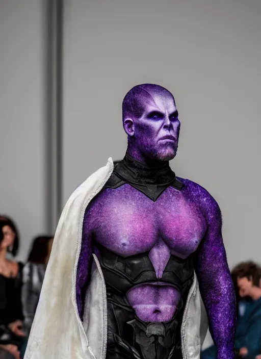 Image similar to hyperrealistic and heavy detailed off white avant garde runway show of thanos ( marvel comics ), leica sl 2 5 0 mm, vivid color, high quality, high textured, real life