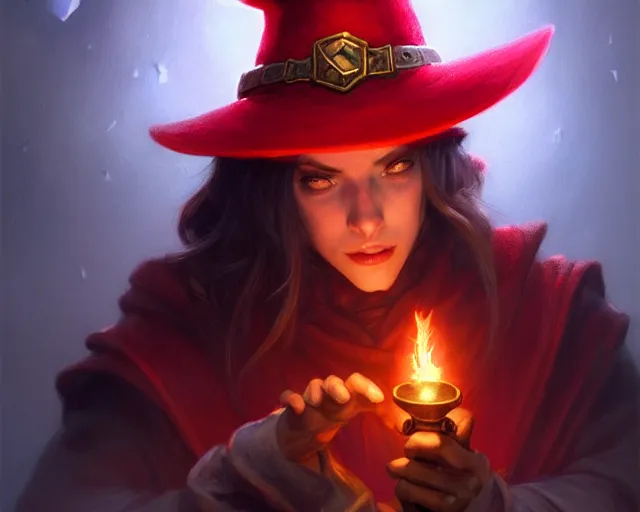 Image similar to red hat wizard, holding a torch, deep focus, d & d, fantasy, intricate, elegant, highly detailed, digital painting, artstation, concept art, matte, sharp focus, illustration, hearthstone, art by artgerm and greg rutkowski and alphonse mucha