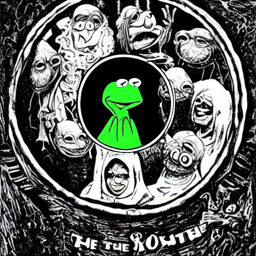 Image similar to Kermit the Frog in the deepest circle of Hell, in the style of the Divine Comedy by Dante Alighieri