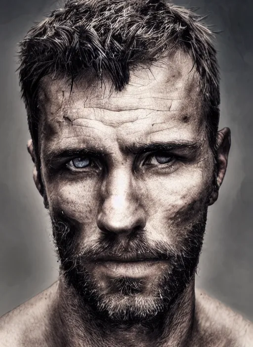 Image similar to a portrait picture of a rough looking man in their 3 0 s, crew cut, brown hair, rugged good looks, serious face, stubble, scar on the cheek, highly detailed, digital art, realistic, 4 k, studio lighting, trending on artstation