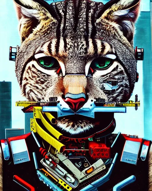 Image similar to a portrait of an anthropomorphic cyberpunk bobcat by sandra chevrier, by jon foster, detailed render, tape deck, epic composition, cybernetics, 4 k realistic, cryengine, realistic shaded lighting, sharp focus, masterpiece, by enki bilal