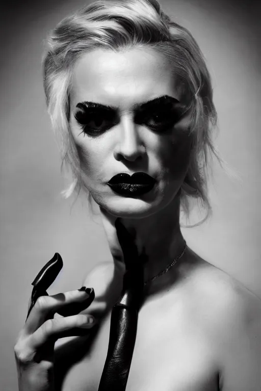 Image similar to a fashion photo portrait of Bernie Sanders, full makup, smokey eye, fetish, leather, pvc, medium shot. In the style of Helmut newton, robert maplethorpe, Stefano Brunesci, Lachlan Bailey, Herb Ritts, Ellen Von Unwerth, Haris Nukem, Sardax, Annie Leibovitz. detailed photo, hd, 4k, trending on artstation, b&w, 35mm, f1.8