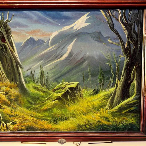 Image similar to painting lord of the rings dramatic landscape, forrest