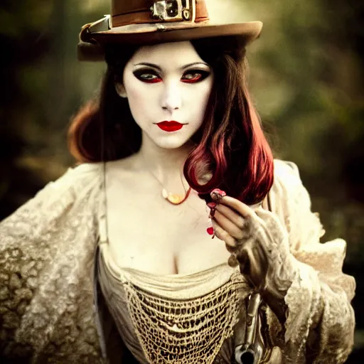 Prompt: A beautiful portrait of a lady vampire, steampunk, photography, 35mm, depth of field, bokeh, soft light, cinematic, steve mccurry