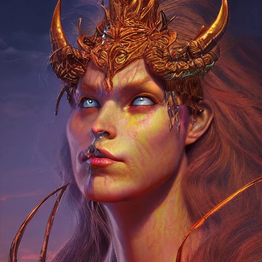 Image similar to Photorealistic demon goddess in the style of Michael Whelan and Gustave Dore. Hyperdetailed photorealism, 108 megapixels, amazing depth, glowing rich colors, powerful imagery, psychedelic Overtones, 3D finalrender, 3d shading, cinematic lighting, artstation concept art