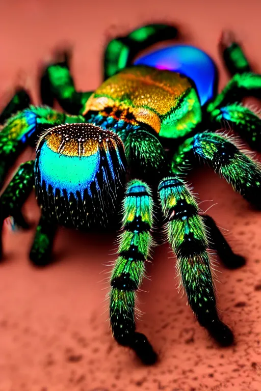 Image similar to high quality macro photo rococo iridescent tarantula! jewelled very cute! highly detailed david ligare elson peter cinematic blue neon lighting high quality low angle hd 8k sharp shallow depth of field