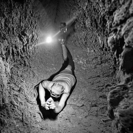 Prompt: Jeffery Epstein crawling in a dark cave, photography, creepy, ray william johnson, 8k,