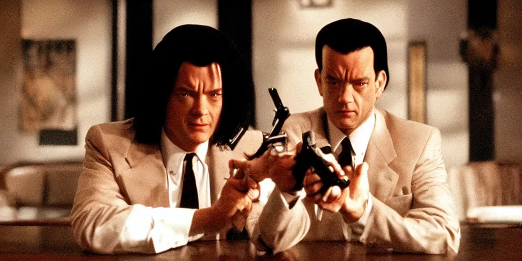 Image similar to Tom Hanks as Vincent Vega in 'Pulp Fiction 2: The Enemy Within' (2004), movie still frame