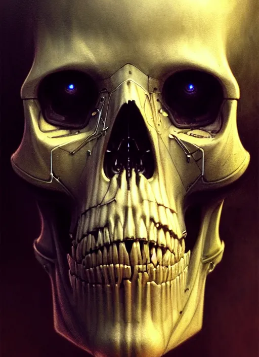 Image similar to closeup portrait shot of a cyberpunk skull in a scenic dystopian environment, intricate, elegant, highly detailed, centered, digital painting, artstation, concept art, smooth, sharp focus, illustration, artgerm, tomasz alen kopera, peter mohrbacher, donato giancola, joseph christian leyendecker, wlop, boris vallejo