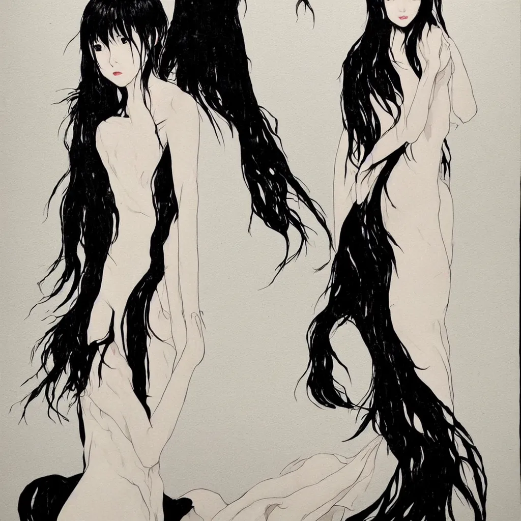 Prompt: Harry Weisburd Artwork Black Wet Hair, Hachishakusama wearing a long absurd white gown, Eight-Feet-Tall, #One shot Goddess, Full Body abnormal