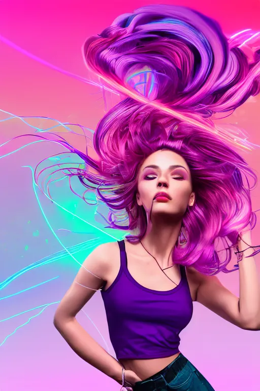 Image similar to a award winning half body portrait of a beautiful woman in a croptop and cargo pants with ombre purple pink teal hairstyle with head in motion and hair flying, surrounded by whirling illuminated lines, outrun, vaporware, shaded flat illustration, digital art, trending on artstation, highly detailed, fine detail, intricate