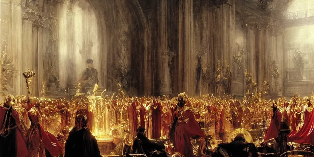 Image similar to beautiful oil matte portrait painting, steve buscemi in royal crimson robes enthroned as the god emperor of ancient rome surrounded by servants in gilded halls a golden wreath upon his head, by anders zorn, wonderful masterpiece by greg rutkowski, beautiful cinematic light, american romanticism, by thomas lawrence, greg rutkowski