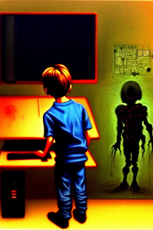 Prompt: realistic detailed color photo of a standing figure of a five years old boy in front of a PC computer monitor in an old dirty soviet apartment . screenshot of the game doom2 on the monitor screen, by and Mark Brooks, Neo-Gothic, gothic, rich deep colors. Beksinski painting, from a movie by David Cronenberg. masterpiece. realistic detailed image. Photographed with Leica Summilux-M 24 mm lens, ISO 100, f/8, Portra 400, kodak film, anamorphic lenses. high quality
