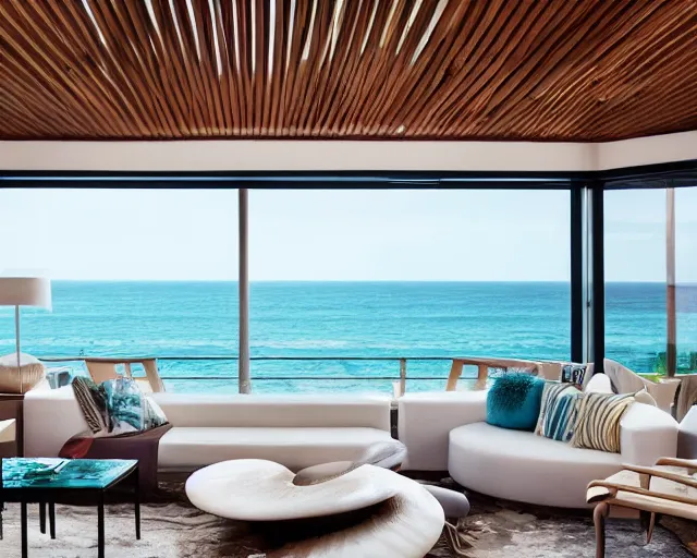 Image similar to A modern living room in a ocean hues style next to a big terrace overlooking the ocean, a luxurious wooden coffee table with large seashells on top in the center, amazing detail, 8k resolution, inspired by the ocean, calm, relaxed style, harmony, wide angle shot