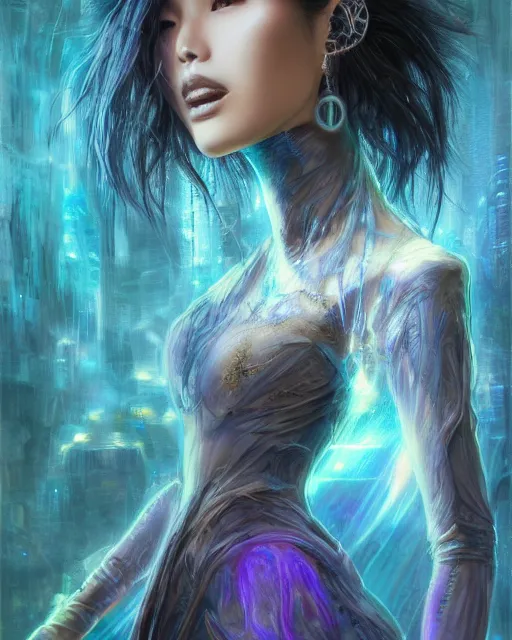 Prompt: front shot of a Sui He as cyberpunk, hyperdimensional, bioluminescent ethereal, ((intricate)), elegant, highly detailed, centered, (((artstation, concept art, smooth, sharp focus, artgerm, Tomasz Alen Kopera, Peter Mohrbacher, donato giancola, Joseph Christian Leyendecker, WLOP, Boris Vallejo))), octane render, nvidia raytracing demo