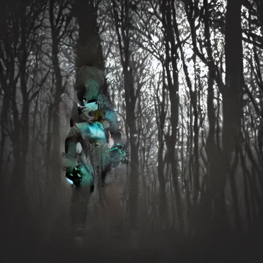 Image similar to grainy trail cam photo still of an alien in the woods at night hiding in the trees of a forest