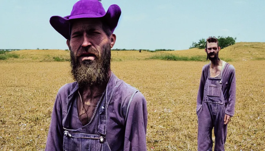 Image similar to far view, extremely skinny malnourished purple thanos with long beard, wearing dirty overalls, dirty greasy face, grin, portrait, close up, kodak gold 2 0 0, 5 0 mm,