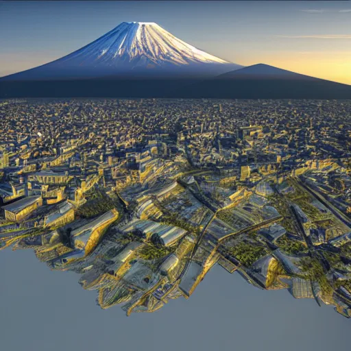 Prompt: mt fuji with the sun in the background, photorealistic, ultra - detailed, 4 k high resolution, hdr shot, vray rendering