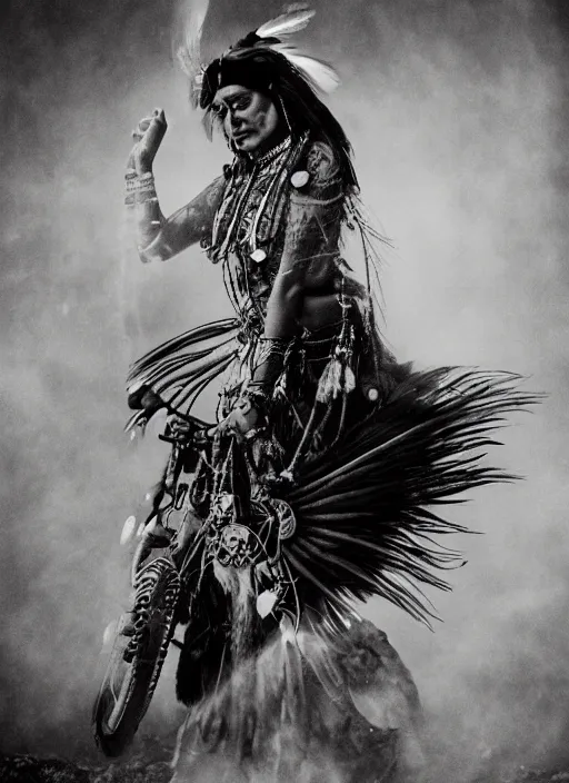 Prompt: old vintage photo of native Indian shaman female on the complex steam punk jet, extreme sports photography , dynamic photography, high speed,dirt and grawel flying in the spot, lens flares, dust in the air, moody lighting, intricate, elegant, highly detailed, centered, smooth, sharp focus, sports photography, old photo, black and white, sepia, cinematic lighting, cinematic angle, national geographic