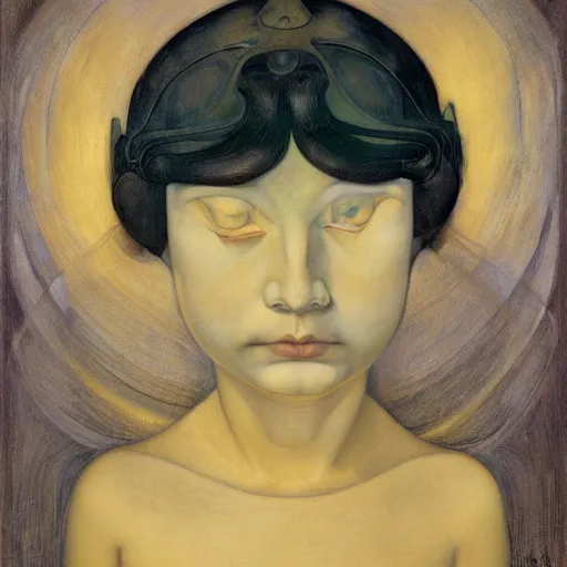 Image similar to the little android queen, by annie swynnerton and diego rivera and elihu vedder and lucien freud and jean delville, symbolist, dramatic lighting, elaborate geometric ornament, head and shoulders view, art brut, soft cool colors, smooth, sharp focus, extremely detailed, adolf wolfli, leo and diane dillon, nicholas roerich