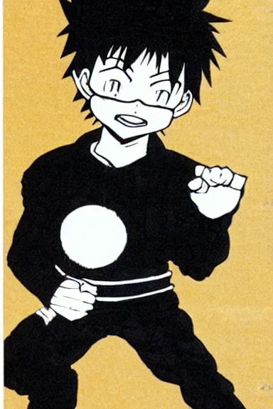 Image similar to attractive little boy in black cat suit, black and white artwork made by yoshihiro togashi,