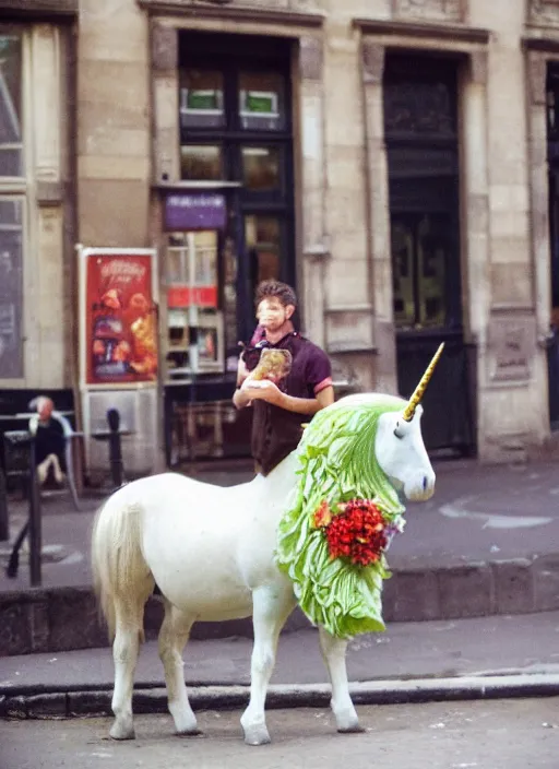 Image similar to a unicorn in paris with a cabbage and a cat out flying out of its horn, canon 5 d 5 0 mm lens kodachrome