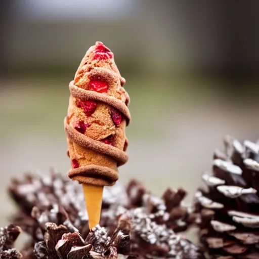 Image similar to a photograph of a strawberry chip ice cream cone, with a cone made from a pinecone. shallow depth of field, fine textured detail.