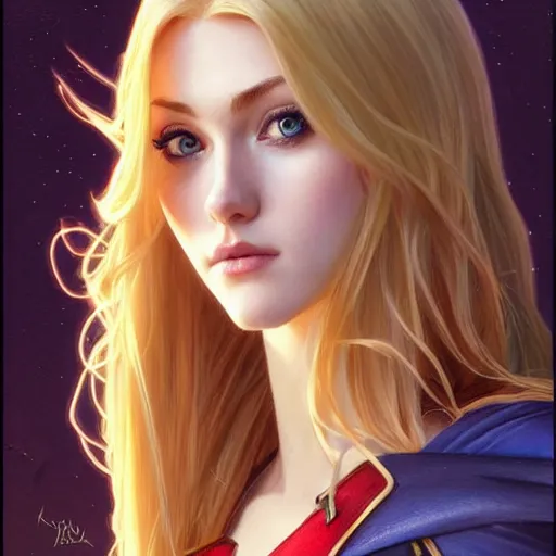 Image similar to Katherine McNamara with blonde hair as Super Girl, western, D&D, fantasy, intricate, elegant, highly detailed, digital painting, artstation, concept art, matte, sharp focus, illustration, art by Artgerm and Greg Rutkowski and Alphonse Mucha