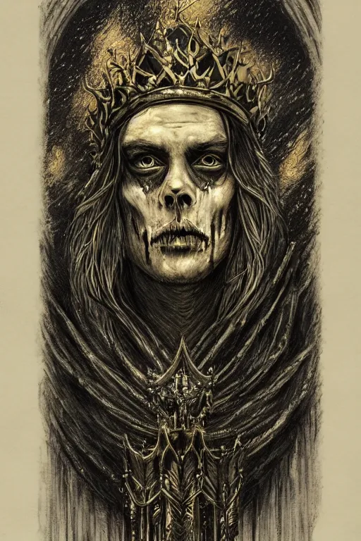 Prompt: Portrait of the Prince of Entropy wearing a crown, high fantasy, gothic, black paper, dark atmosphere, skulls, detailed, cinematic, ornate, tarot card, highly detailed, ink illustration, Guy Denning, Anato Finnstark, golden ratio, 8k,