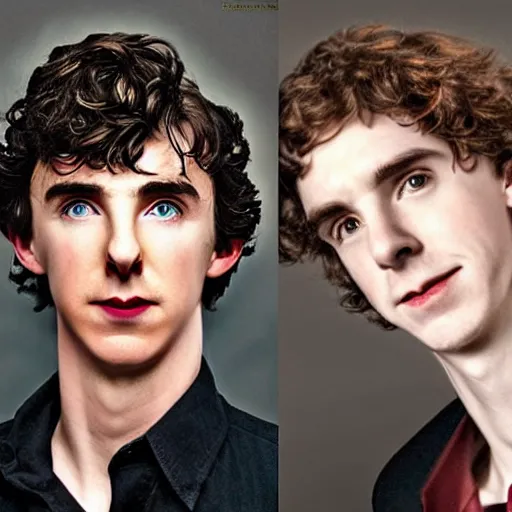 Prompt: hybrid of benedict cumberbatch and freddie highmore and timothee chalamet in black shirt with red suspenders, photo realistic, highly detailed, perfect face, art by edward robert hughes, henry justice ford