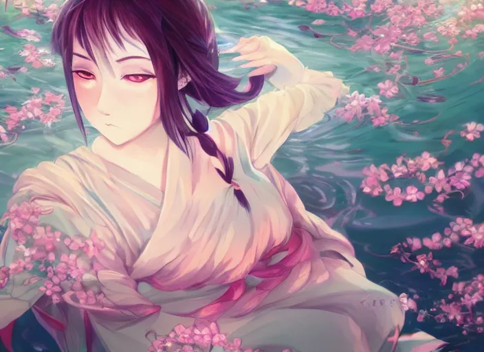 Image similar to anime girl wearing japanese kimono surrounded by spirit blossoms in a serene lake, symmetry, concept art, dynamic pose, digital illustration, trending on artstation, intricate details, epic composition, sharp focus, 8 k uhd, masterpiece, league of legends splash art