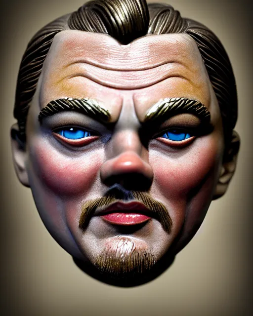 Prompt: highly detailed closeup, face profile portrait of a tin toy leonardo dicaprio as a medieval demon with horns eating cakes in a castle, hyper realistic, artstation, illustration, nicoletta ceccoli, mark ryden, lostfish, dan decarlo, bob clampett, max fleischer, digital paint, matte paint, vivid colors, detailed and intricate environment