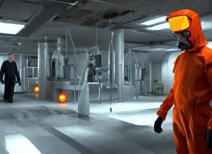 Image similar to film still of Walter White as Gordan Freeman in an underground lab facility wearing a black HEV suit with an orange lambda logo in front with a glowing blue portal in the background in the Half Life Movie, 4k