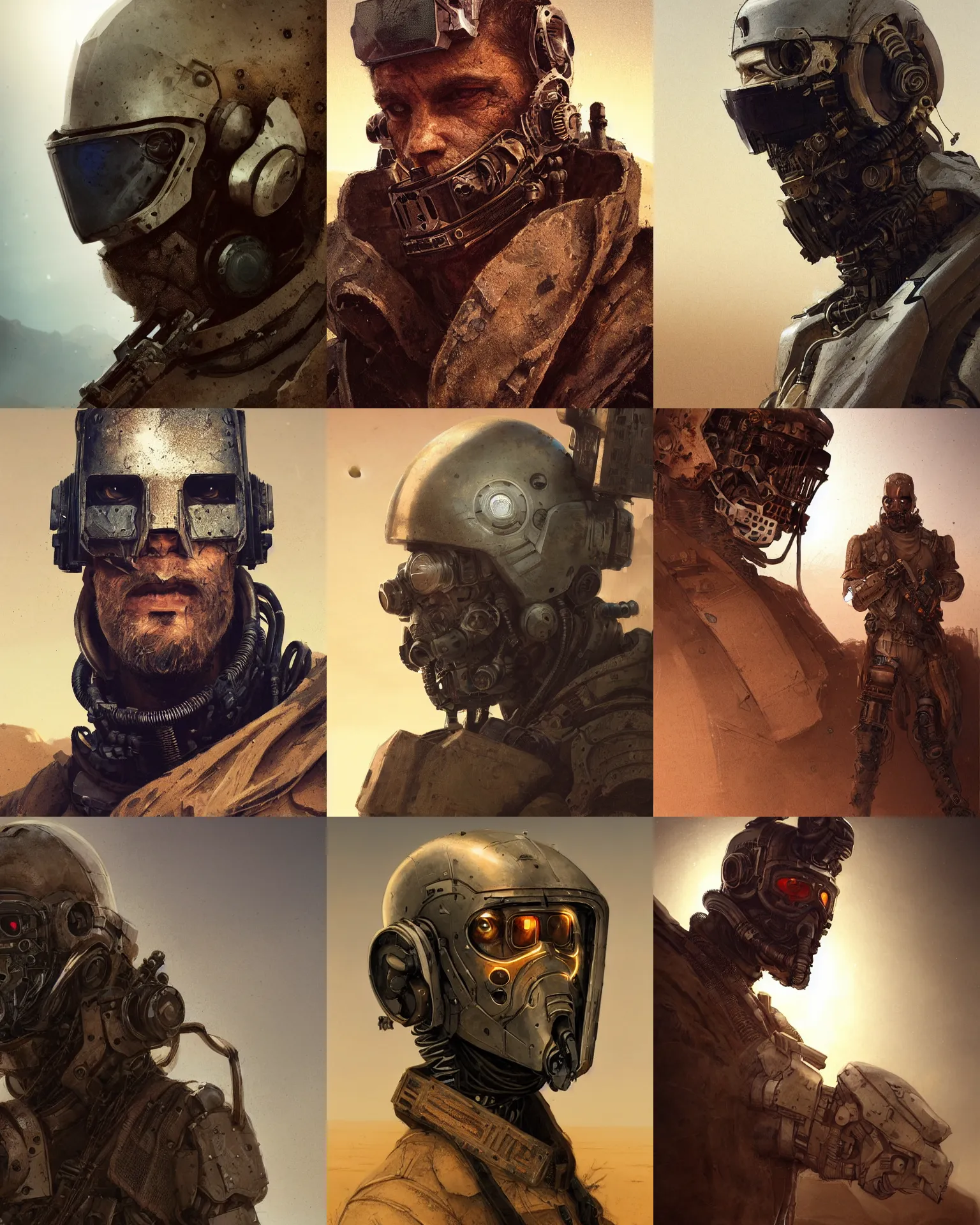 Prompt: a half - masked rugged mercenary man with cybernetic enhancements lost in the desert, scifi character portrait by greg rutkowski, esuthio, craig mullins, 1 / 4 headshot, cinematic lighting, dystopian scifi gear, gloomy, profile picture, mechanical, half robot, implants, steampunk