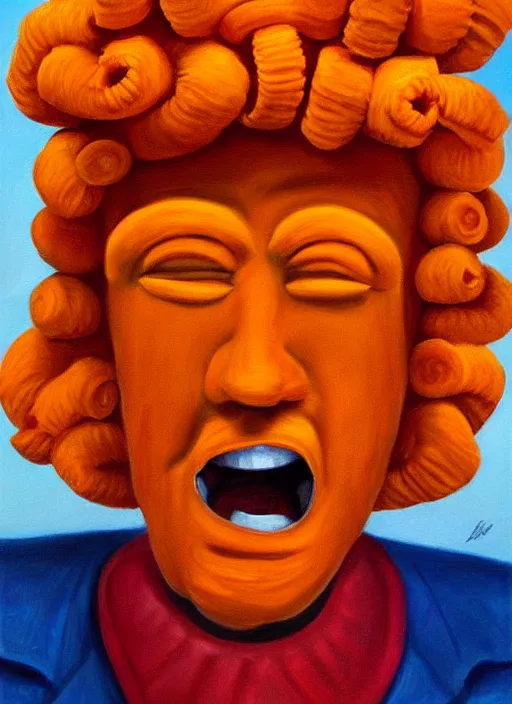 Prompt: cheeto man, extremely detailed, painting in the style of rene margitte, surrealist